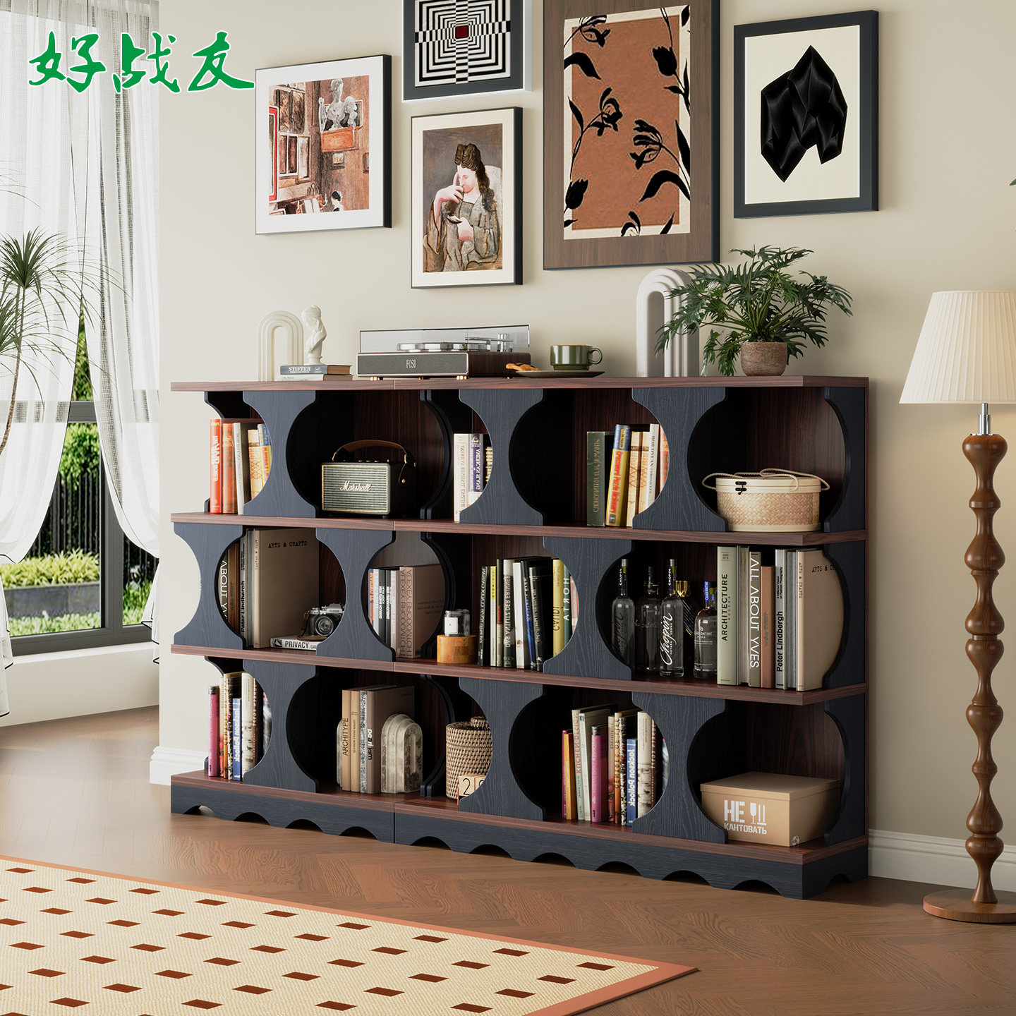 好战 友覆古实木展示柜客厅书架落地置物架半墙书柜电视柜旁装饰,住宅家具,书架,淘宝优惠券,粉丝福利购,淘宝优惠卷