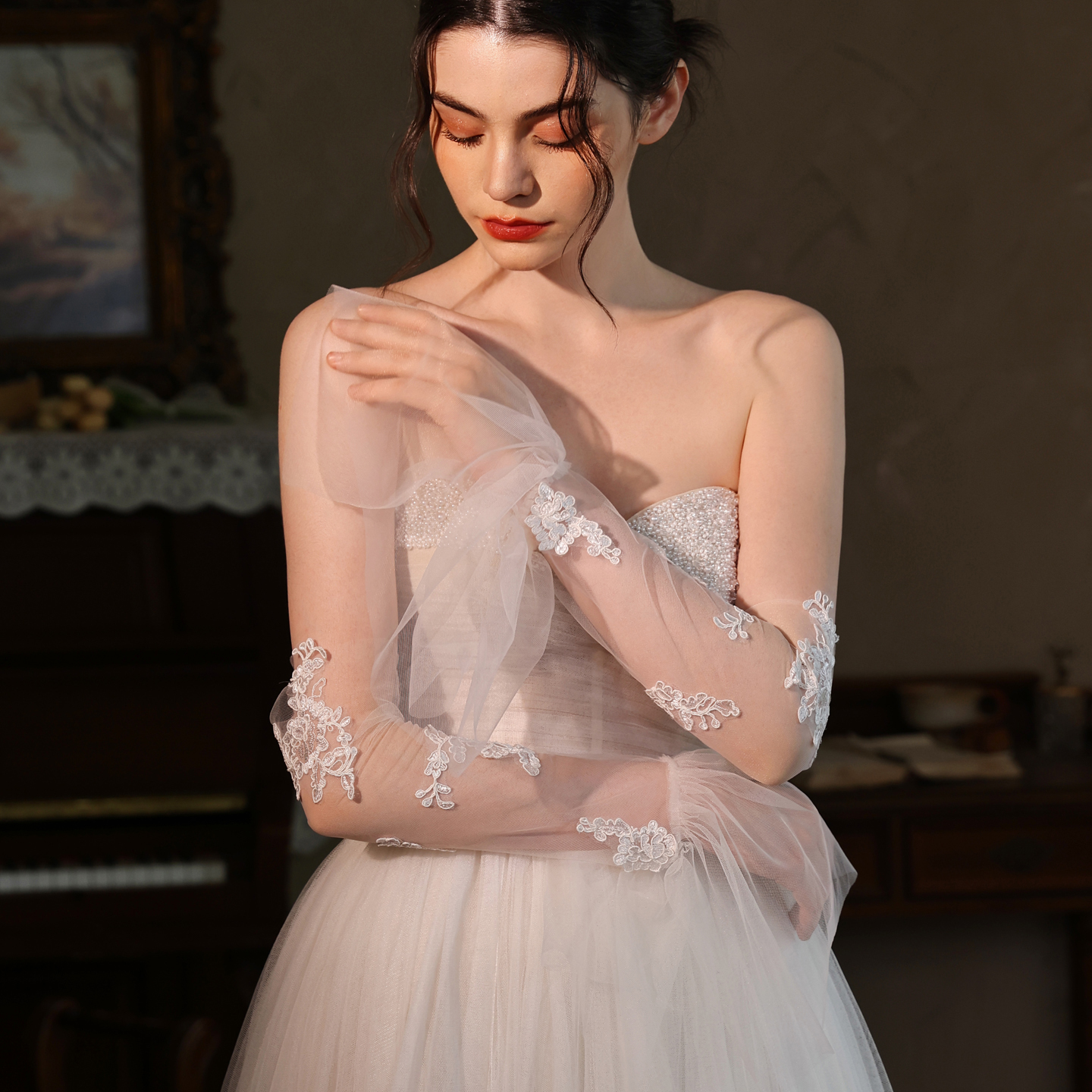 超仙蕾丝新娘长款白色软纱手套袖