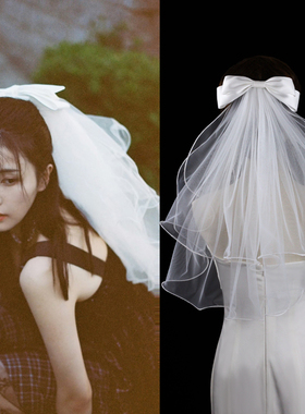 白鹿同款超仙新娘头纱双层卷边白色蝴蝶结领证登记求婚演唱会头饰