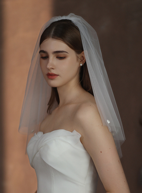 V312超仙爱心领证登记求婚新娘头纱 双层白色短款拍照凹造型头饰