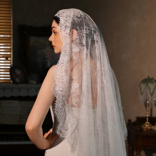 复古超仙长款 睫毛蕾丝主婚纱新娘头纱 拖尾教堂外景样片 缇亚