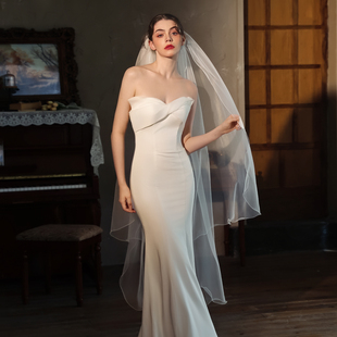 V508法式双层卷边头纱新娘主婚纱简约白色高级感婚纱素纱锁边长款