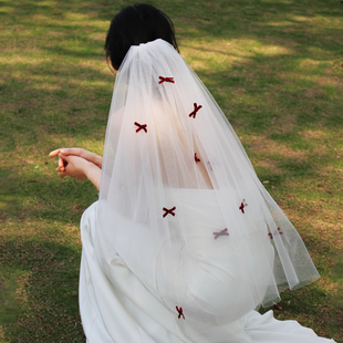 复古领证登记求婚表演唱会新娘头纱 超仙红色蝴蝶结婚礼拍照道具