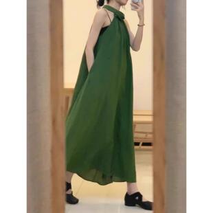 复古宽松露肩气质 小众设计法式 26新款 绿色挂脖棉麻连衣裙女夏季