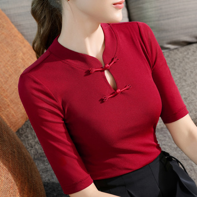 红色中袖上衣女盘扣国风T恤