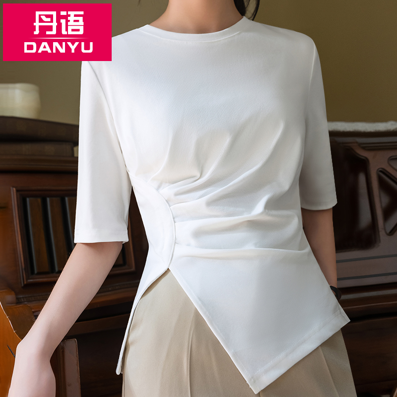 白色不规则t恤女2025夏季新款显瘦收腰下摆开叉五分袖气质上衣女