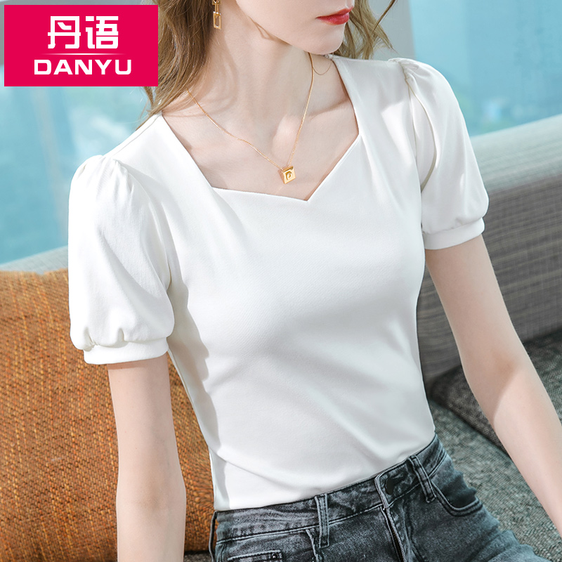 丹语方领短袖白色T恤女2025夏装新款减龄气质女装修身露锁骨上衣