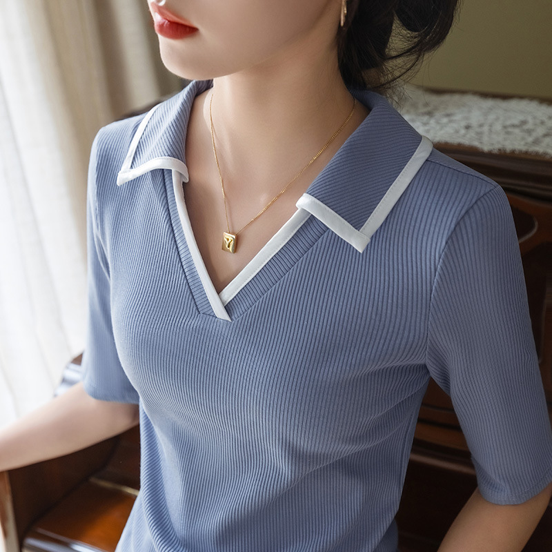 polo领V领上衣女春夏2025新款莫代尔螺纹打底衫女撞色有领短袖T恤