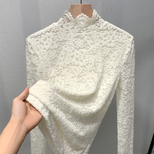 气质半高领蕾丝打底衫女2025新款秋冬优雅修身长袖网纱上衣高级感
