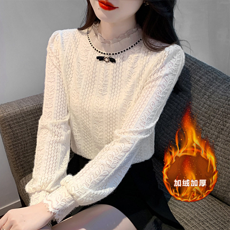 小立领雪纺蕾丝衫女加绒加厚打底衫保暖内搭长袖上衣春秋2026新款