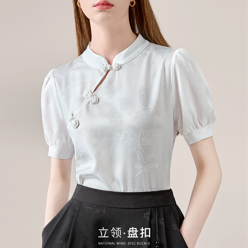 新中式国风女装2025新款缎面衬衫女高级感复古斜襟盘扣短袖上衣夏