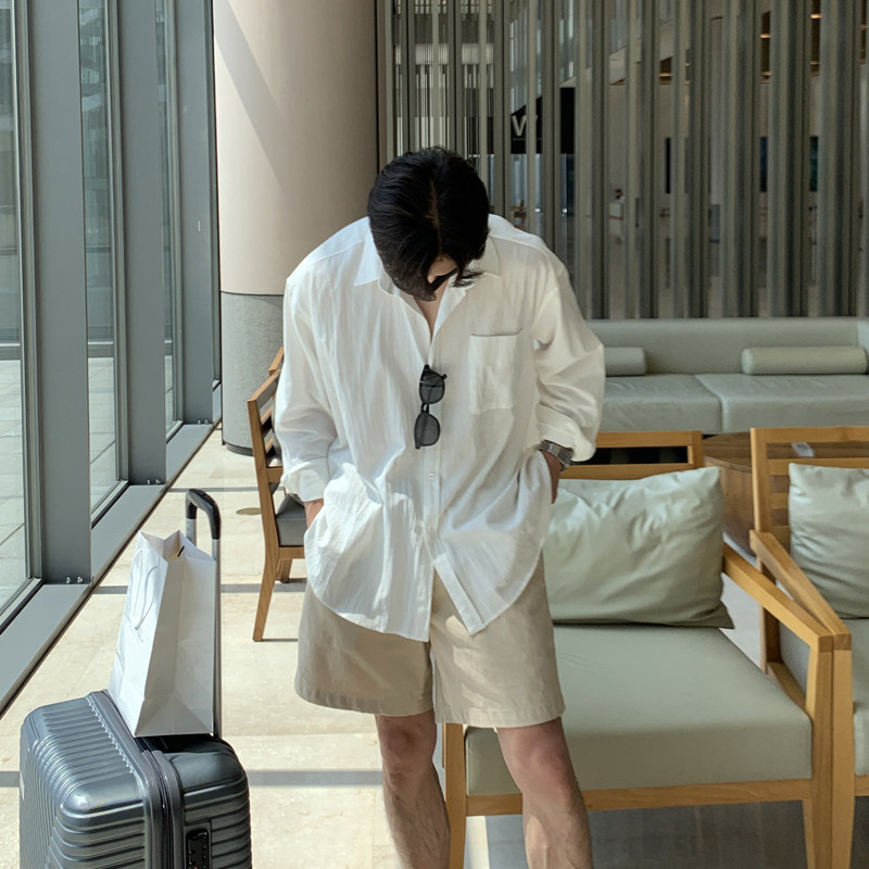 LOOKNFIT夏季白色衬衫男士潮流痞帅新款港风复古休闲亚麻长袖衬衣