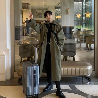 韩版潮流军绿色过膝风衣