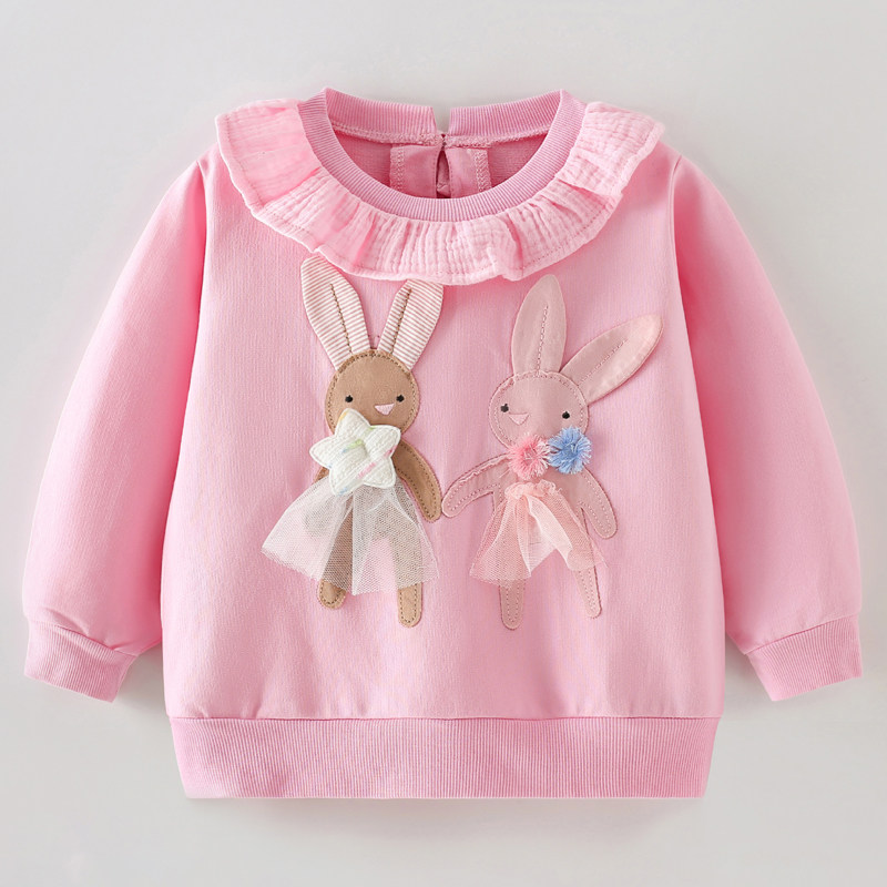 女童粉红色翻领长袖卫衣宝宝春秋装小女孩上衣儿童打底娃娃衫兔子