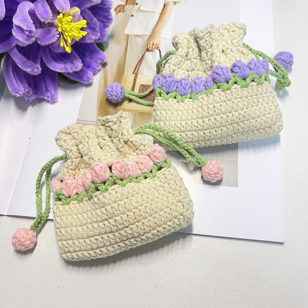 【成品】手工钩针编织郁金香花朵束口包加大耳机包毛线零钱包卡包,服饰配件/皮带/帽子/围巾,DIY编织材料包,淘宝优惠券,粉丝福利购,淘宝优惠卷