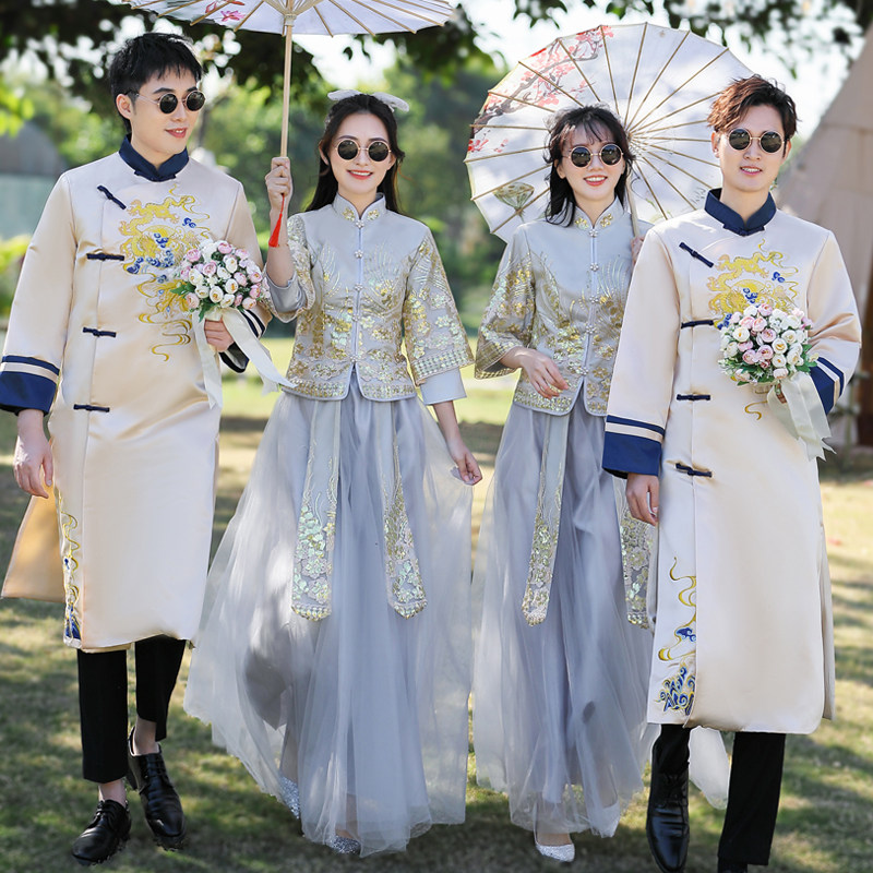 伴娘伴郎服中式2026新款夏季大码胖mm接亲兄弟装姐妹团结婚礼服裙