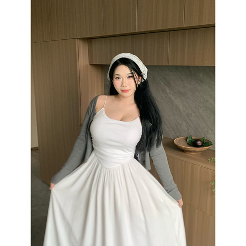醉月衫【初恋月光】微胖清纯夏季灰色开衫修身吊带大码连衣裙女