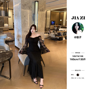 佳子【娇艳欲滴】大码女装性感蕾丝拼接一字肩喇叭袖连衣裙春季裙