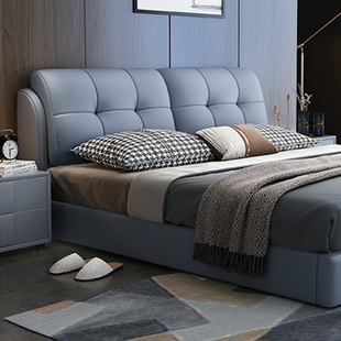 蓝色理想真皮床新款主卧室高端大气现代简约双人科技布艺床婚床