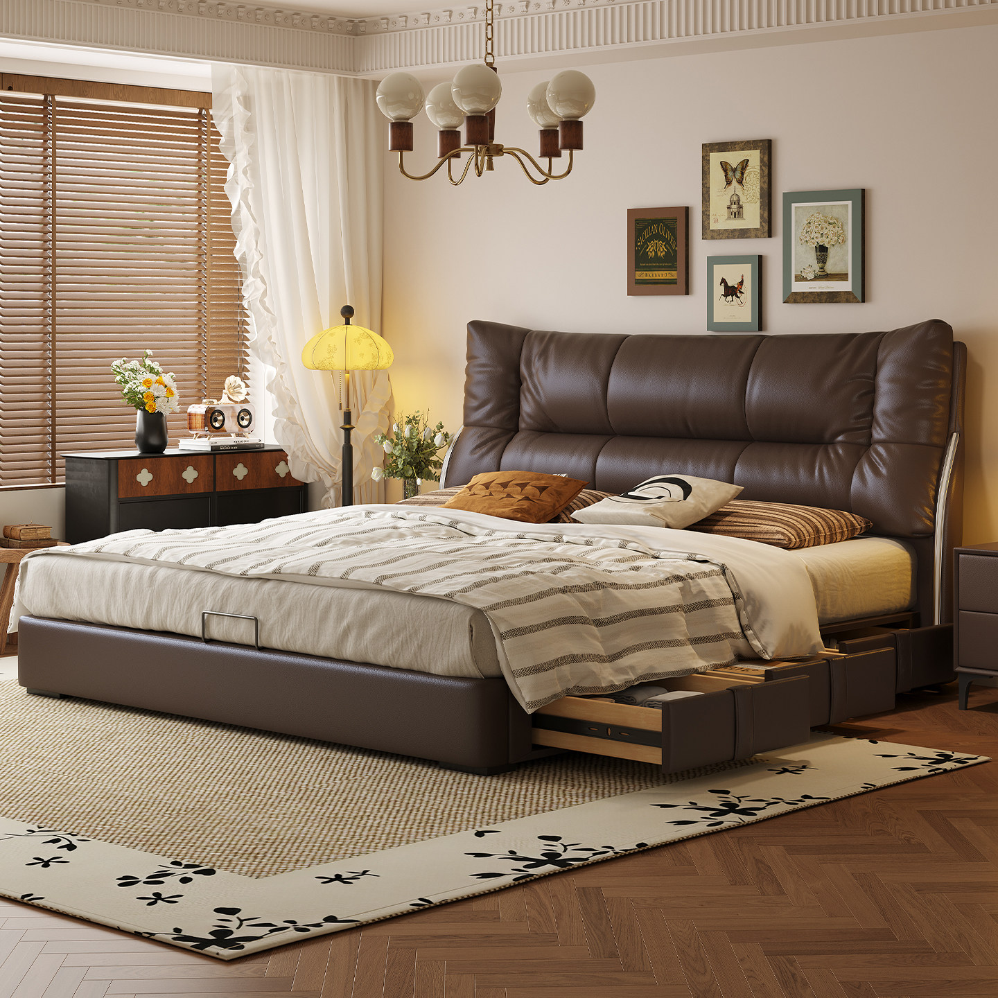 政府补贴蓝色理想主卧真皮床2025高端大气软靠带感应灯储物大床