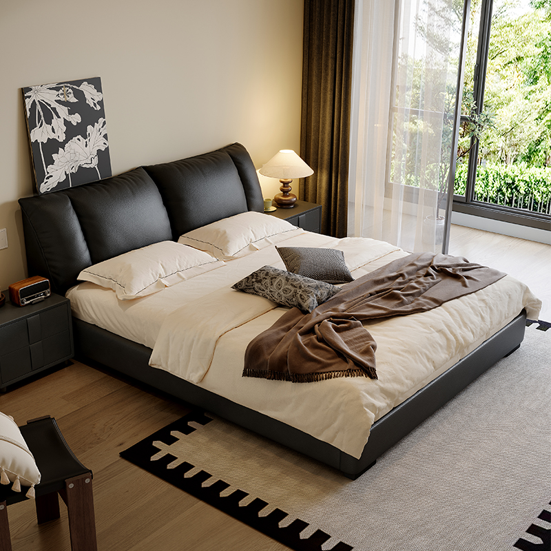 政府补贴蓝色理想黑色帆船真皮床复古现代极简主卧高端大气双人床