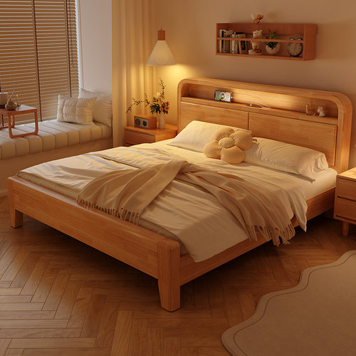 蓝色理想实木床现代简约1米8双人床1米5单人床家用简约原木风