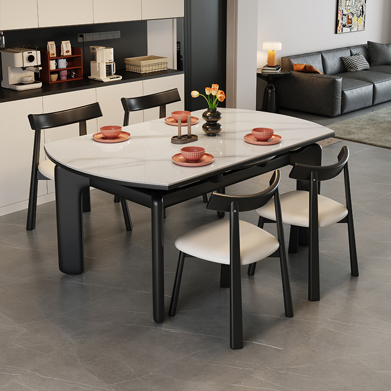 蓝色理想岩板方圆伸缩餐桌椅