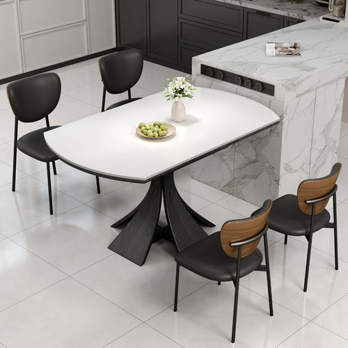 法式复古可伸缩纯白岩板餐桌