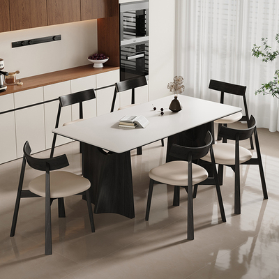 政府补贴黑色实木岩板餐桌椅组合现代简约法式复古长方形饭桌家用