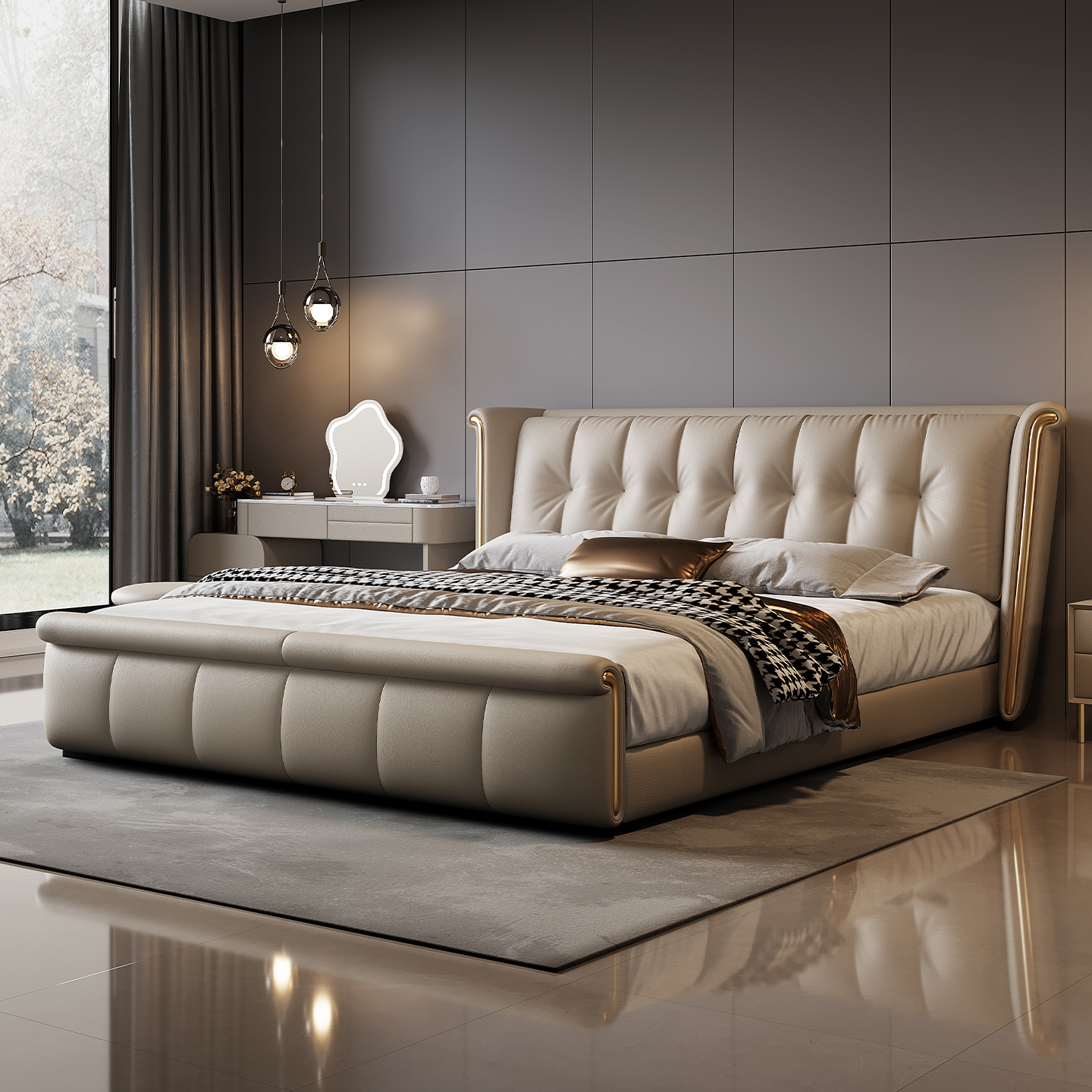 政府补贴蓝色理想意式轻奢真皮床主卧高端大气2.2m高箱储物双人床