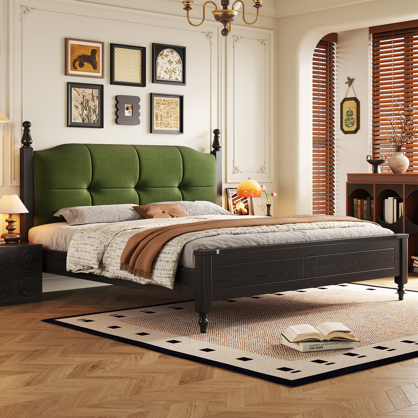 政府补贴蓝色理想中古风实木床雪尼尔绒软包复古床大气1.8m双人床,住宅家具,实木床,淘宝优惠券,粉丝福利购,淘宝优惠卷