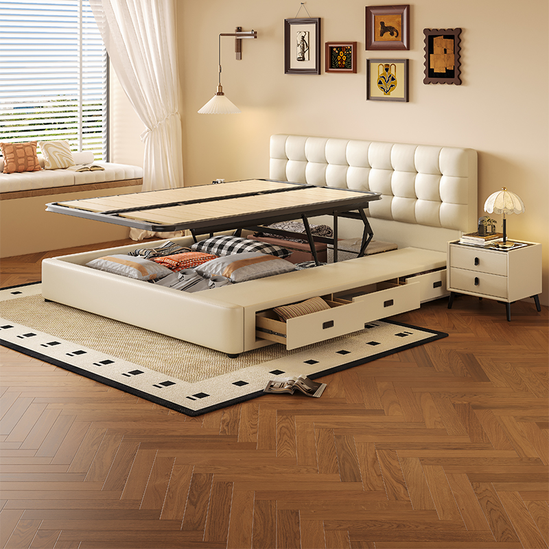 政府补贴蓝色理想华夫格平移气压真皮床主卧双人床1.8m储物软包床