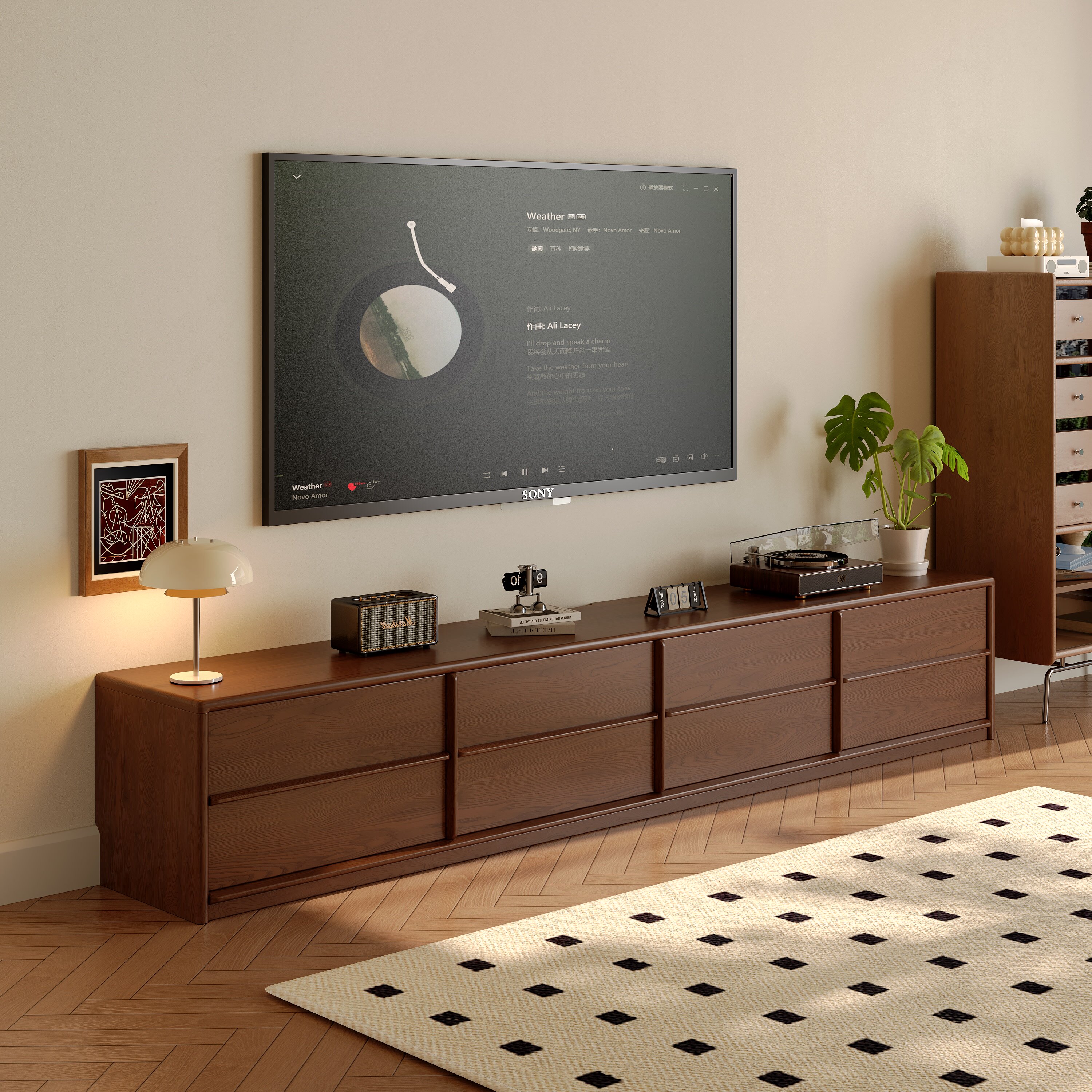 蓝色理想现代简约实木电视柜胡桃木色多抽屉收纳柜客厅储物柜