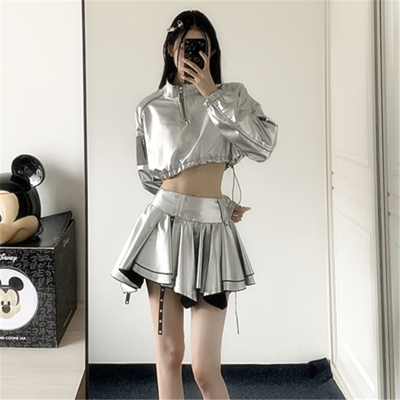 辣妹抽绳拉链收腰银色短外套美式