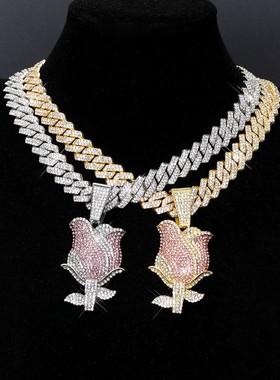 法式镶钻粉色玫瑰花吊坠情侣项链