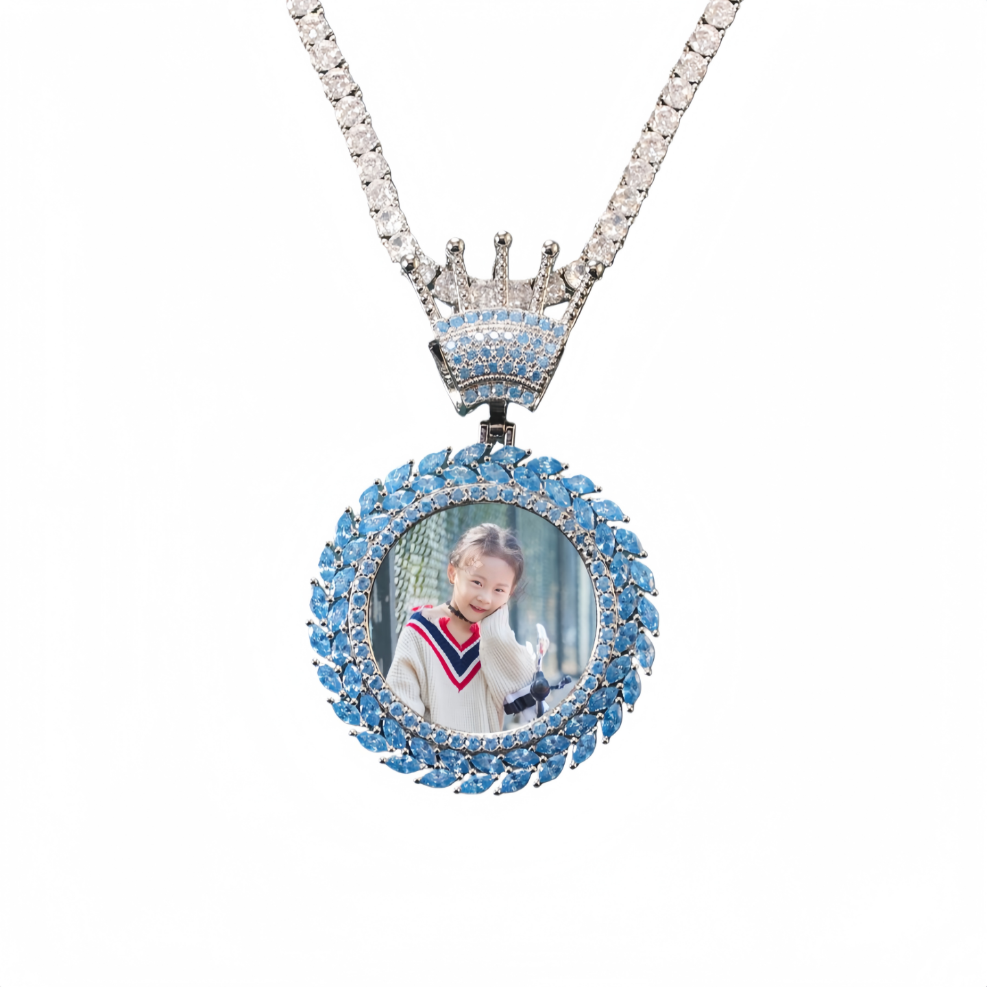 欧美定制照片麦穗海蓝锆石圆形DIY吊坠个性创意相片项链礼物男女