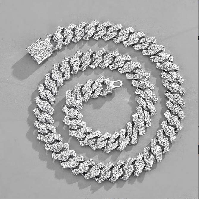 Fashion Best Selling hip hop 15mm diamond-shaped Cuban chain full of diamonds hiphop box buckle Short clavicle Cuban necklace trend