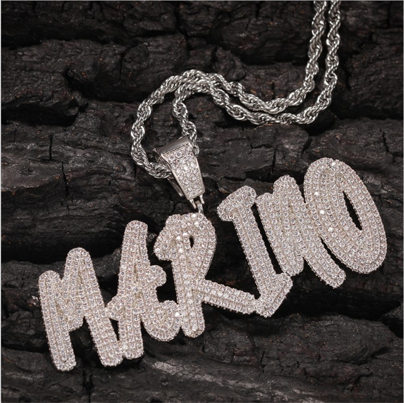 欧美实心双层签名草体锆石字母拼接吊坠男女个性时尚潮流DIY配饰