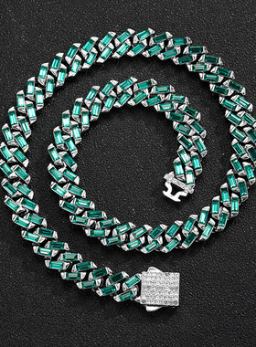 KAKA金属古巴链男女祖母绿钻项链