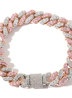 潮牌男士微镶粉白锆石古巴链手链