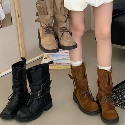 真皮系带显瘦中筒骑士靴女冬季