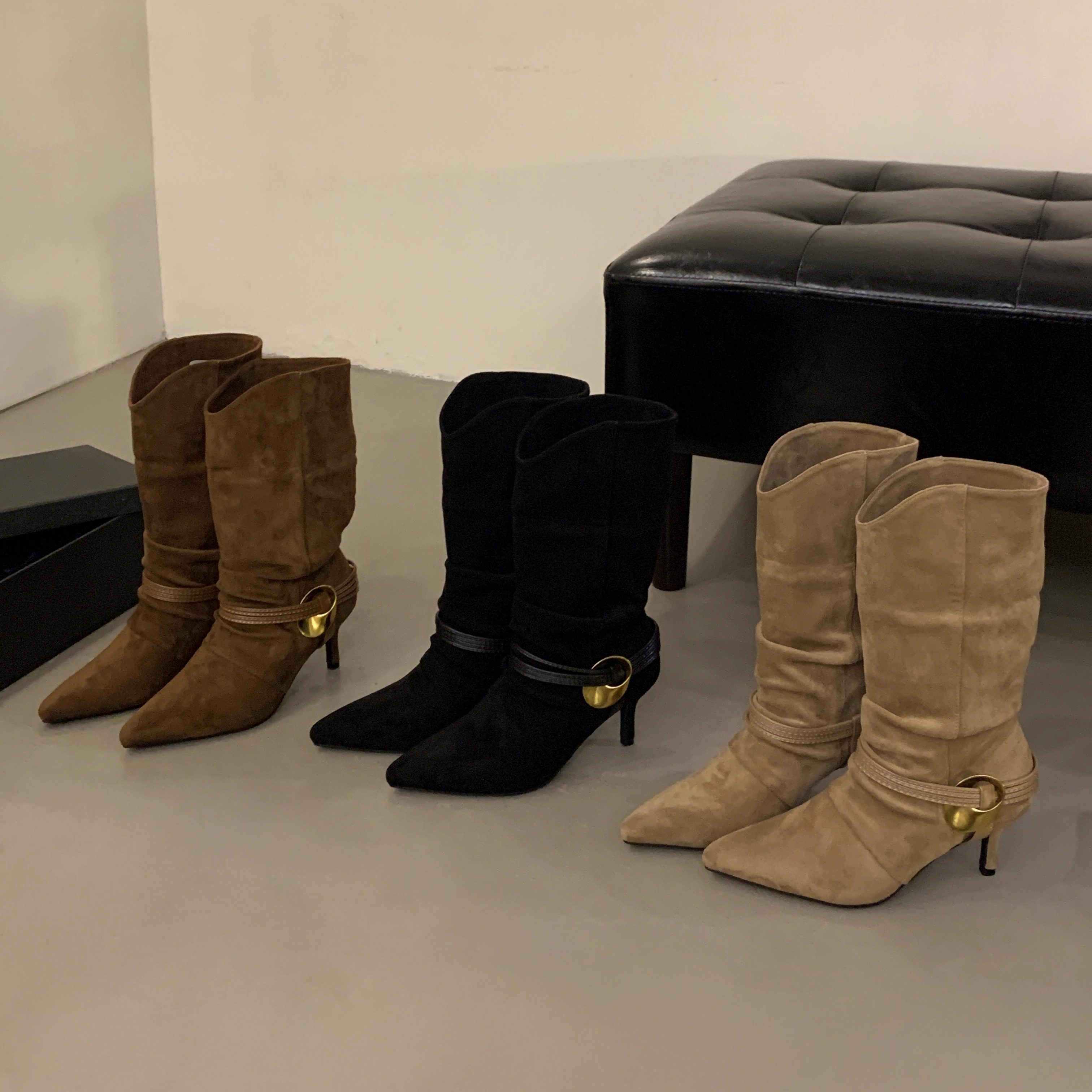 2025秋冬新款瘦瘦靴尖头细跟高跟绒面中筒短靴女绑带骑士时装靴子,女鞋,骑士靴,淘宝优惠券,粉丝福利购,淘宝优惠卷