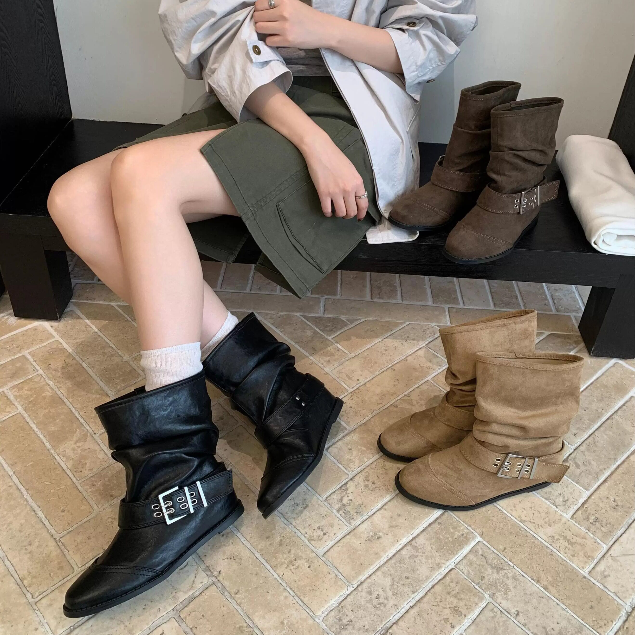 复古磨砂真皮带扣堆堆靴女冬季内增高骑士靴机车瘦瘦靴圆头短靴子
