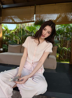 miu睡衣夏季棉舒适短袖长裤甜美蕾丝家居服少女粉可外穿白色仙新