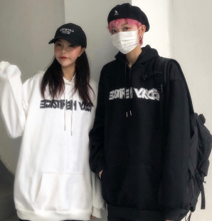 妈个鸡妈 韩国ins韩版秋冬港风原宿字母印花宽松加绒连帽卫衣男女