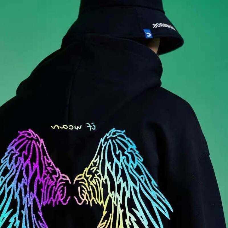超火网红同款3M反光翅膀连帽卫衣秋季男韩版宽松街头重工加绒帽衫