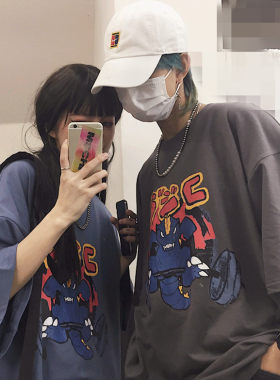 潮原宿bf风学生五分袖ins卡通t恤