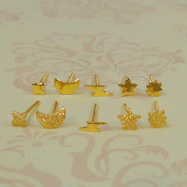 999足金小耳钉24K黄金耳饰直针耳棒女简约光面磨砂百搭个性耳环