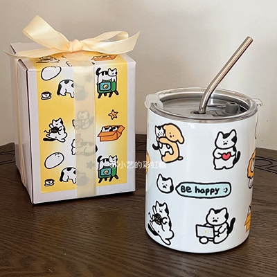 卡通猫咪保温杯304不锈钢杯子