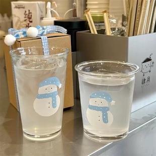 韩系玻璃杯雪人水杯早餐杯咖啡杯冷萃杯可爱卡通生日礼物礼盒装